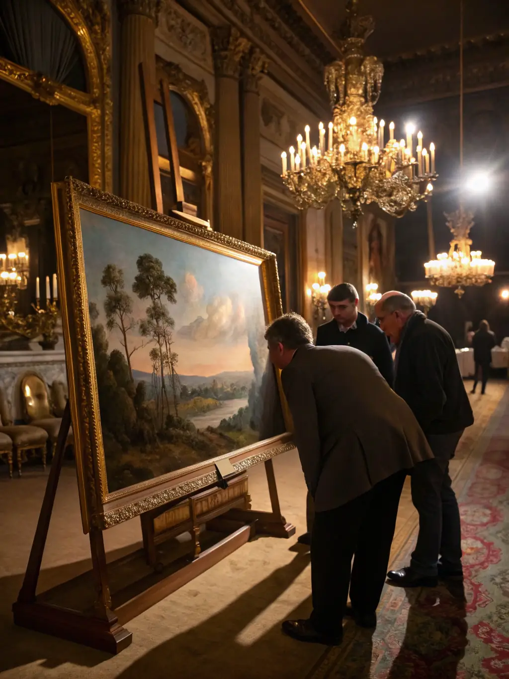 A vibrant oil painting of a landscape being presented at an upscale art auction, with potential buyers examining it closely.