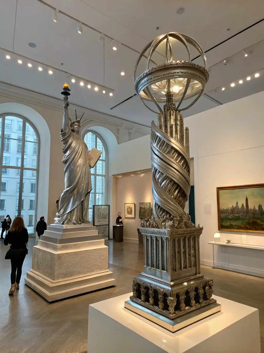 A modern sculpture being auctioned in a well-lit gallery, with potential buyers observing and bidding.