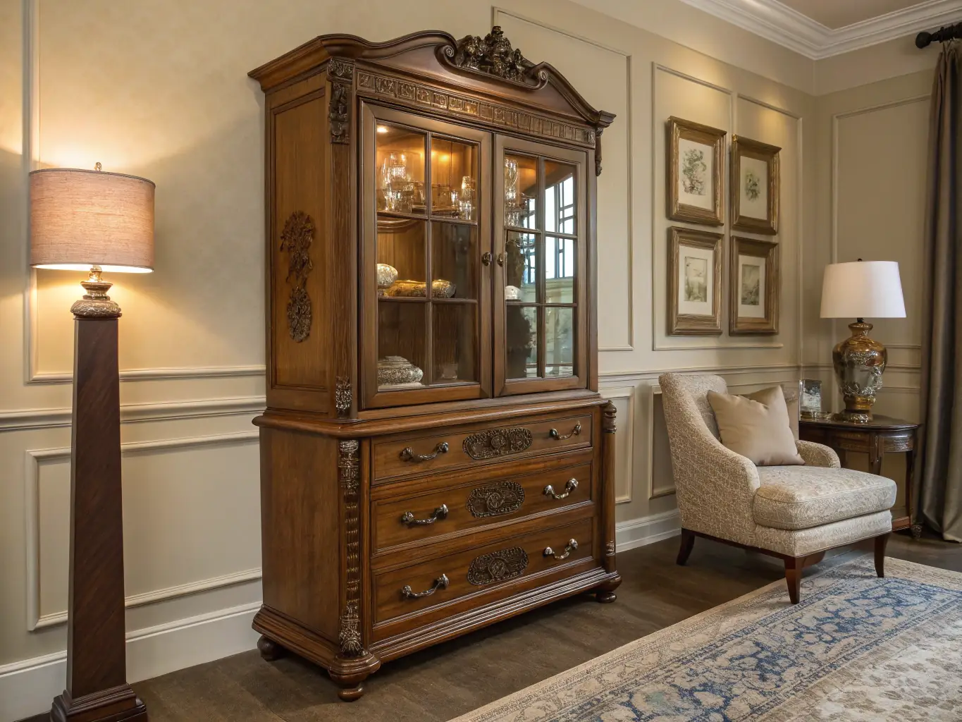 A detailed, close-up shot of a set of antique furniture being prepared for auction. The focus is on the intricate details and craftsmanship, highlighting the historical value and elegance of the pieces.
